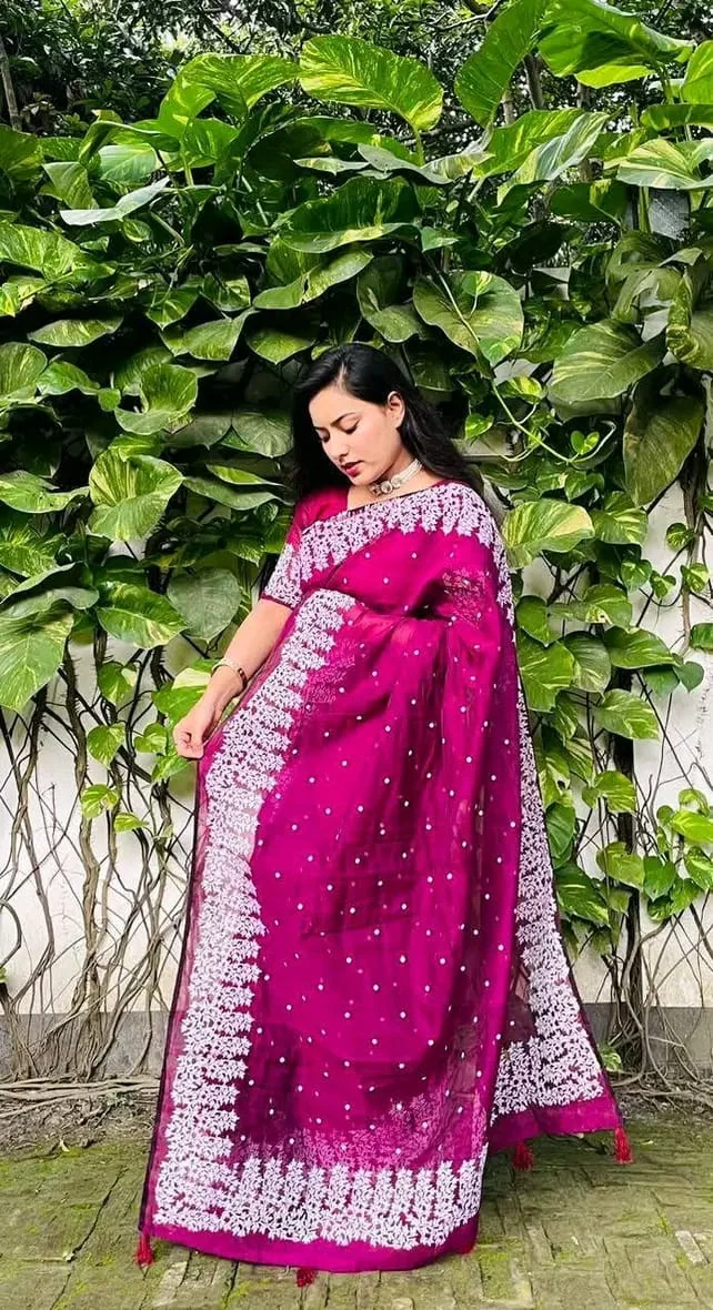 Half silk block print sharee-22646