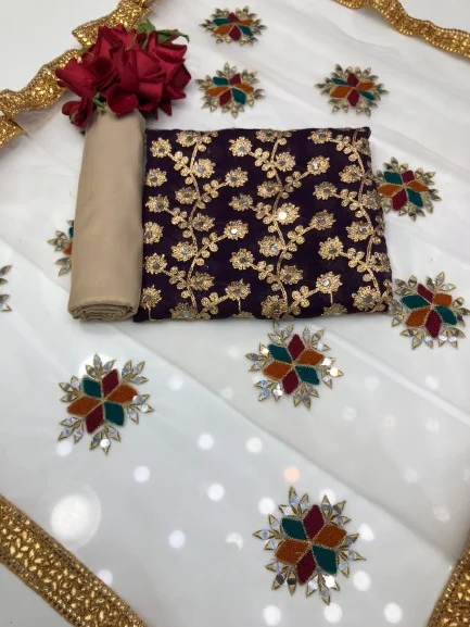 সেমী স্টিচড জর্জেট এমব্রয়ডারি থ্রী পিস-11198