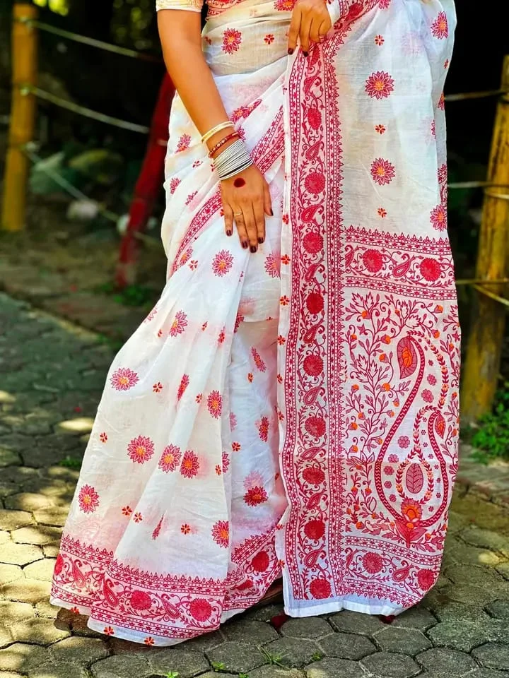 Half silk block print sharee-22666