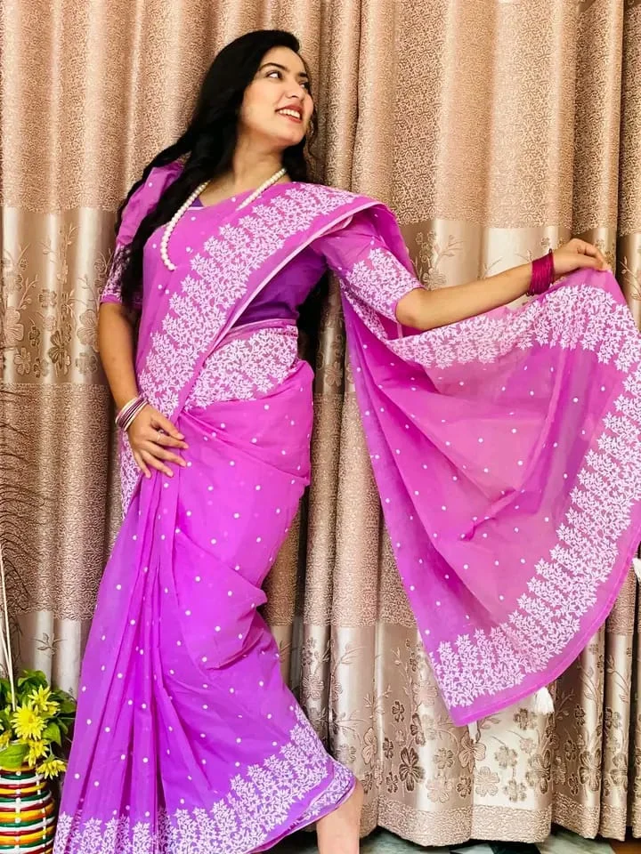 Half silk block print sharee-22648